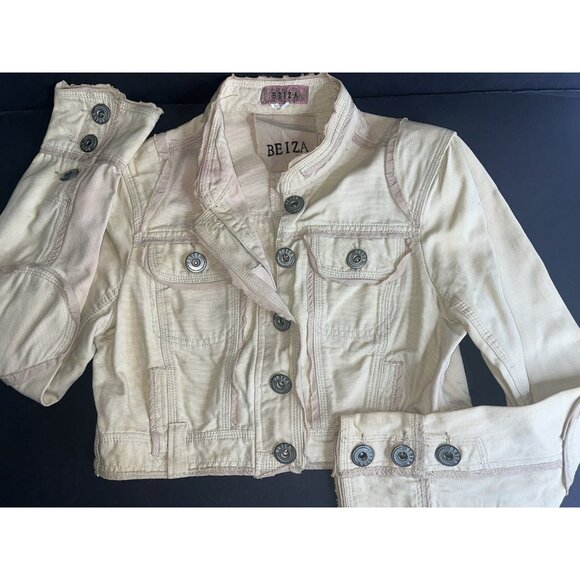 Cropped Distressed Jacket Womens Size L Cotton Y2K Twill Canvas Tan Elbow Pads - Picture 1 of 13